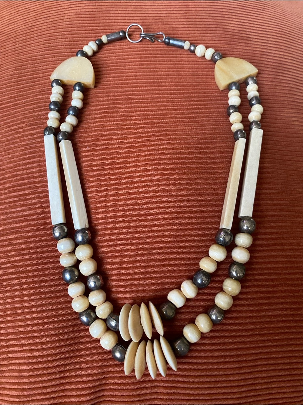 Vintage Hand Carved Buffalo Bone Necklace Multi Strand Layered